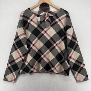 RACHEL ZOE Sweater XL Plaid Jumper Pullover Bow Hair Clip Set Black Khaki NEW